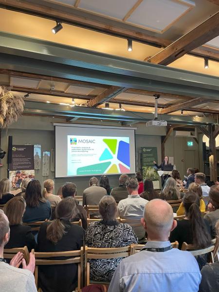 Conference room image with people looking at MOSAIC presentation
