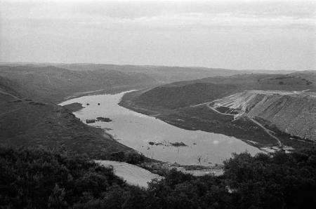Black and white image of a river