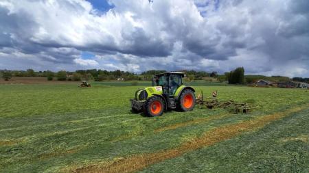 A tractor in a field 